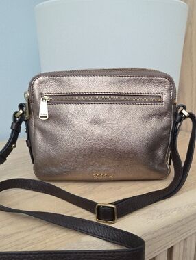 Fossil Metallic Bronze Leather Crossbody with Dark Brown Strap
